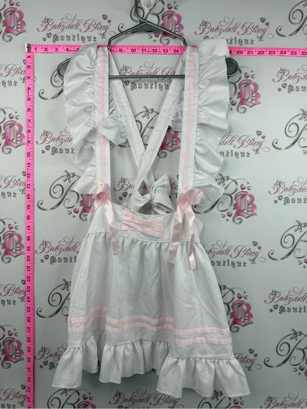 Mini dress apron style ribbons bows tie up White & Pink Ruffle Toddler Dress